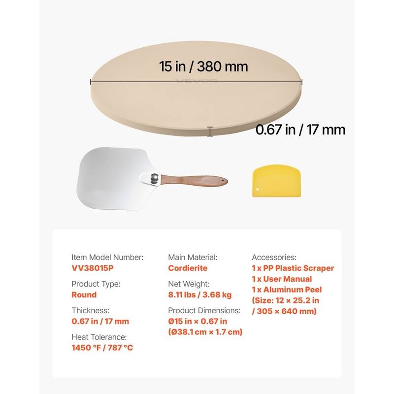 Beige Cordierite 15 Inch Round Pizza Stone with Heat-Resistant 1450 F and Accessories - 15 x 15 x 0.67 in