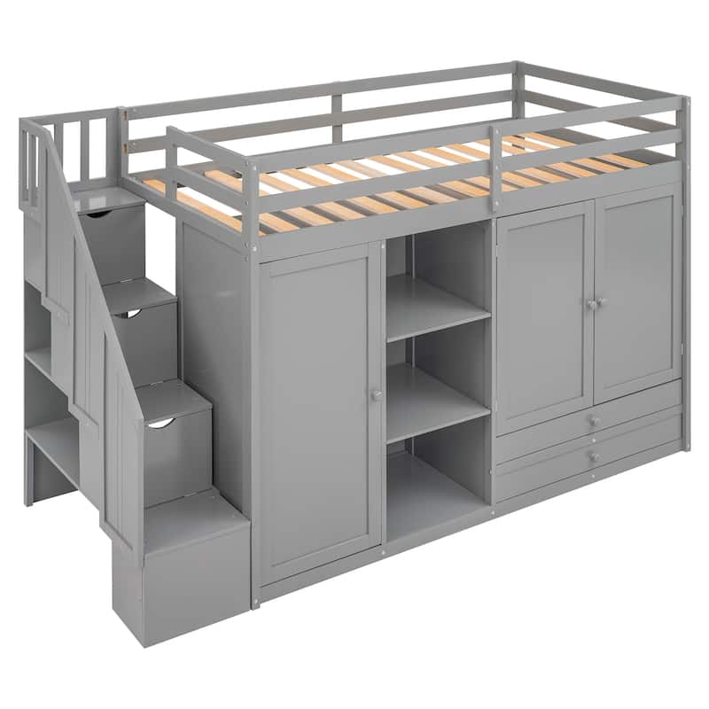Functional Loft Bed with 3 Shelves, 2 Wardrobes and 2 Drawers, Ladder with Storage, No Box Spring Needed