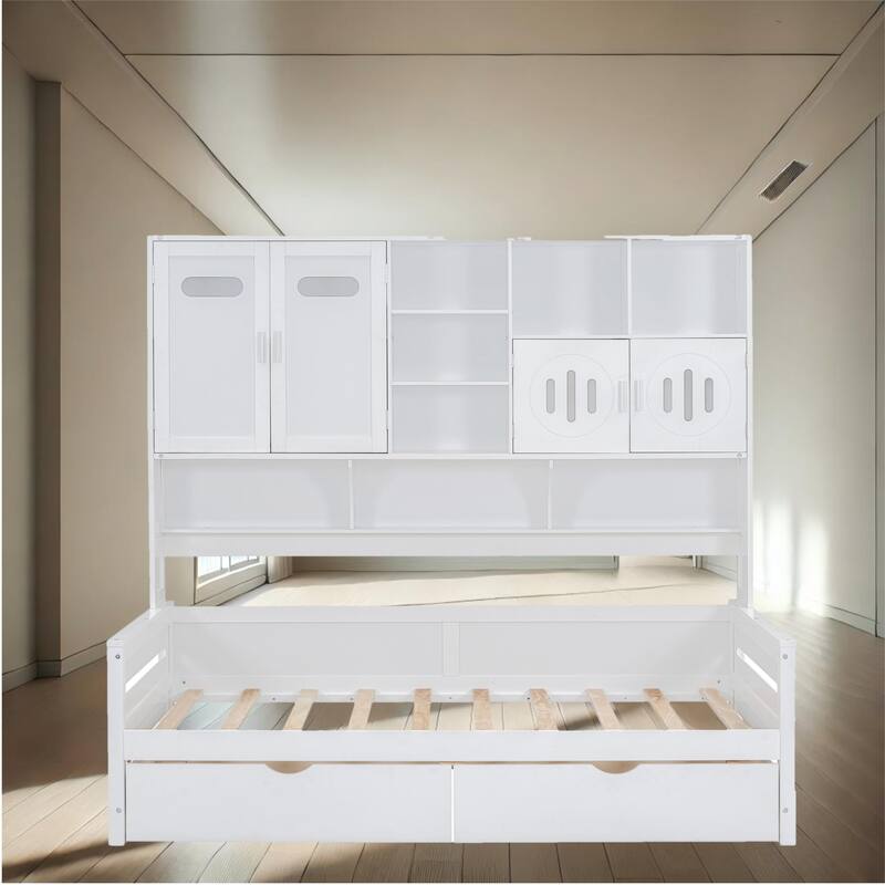 Contemporary Twin/Full Size Wooden Daybed with 2 Storage Drawers, Cabinet, and Shelf - Solid Wood Slats - White - Twin