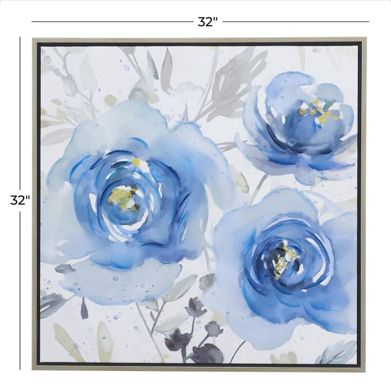 Canvas Floral Framed Wall Art with Silver Frame - Blue - Roche River Decor