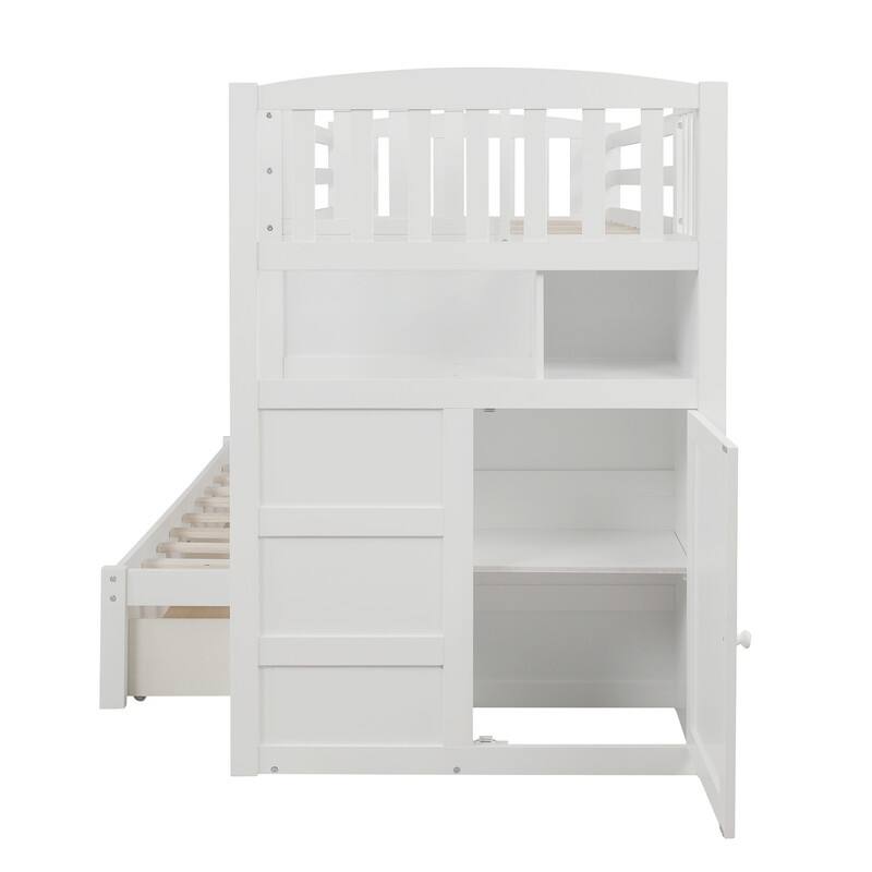 Twin Bunk Bed, Convertible Bottom Bed, Storage Shelves and Drawers