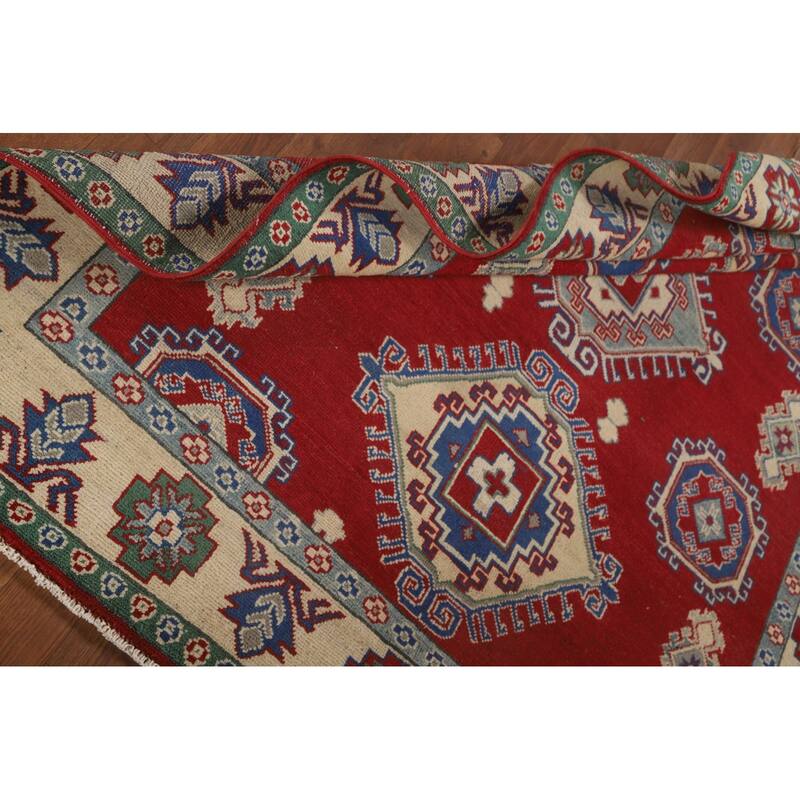 Red Geometric Kazak Area Rug Hand-Knotted Oriental Wool Carpet - 5'5" x 6'5"
