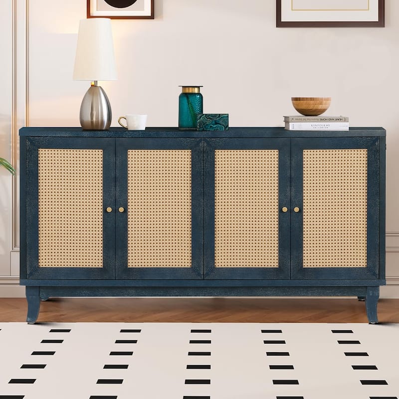 Modern Farmhouse Style Horizontal Sideboard with Two Cabinets - Antique Navy Blue+Natural