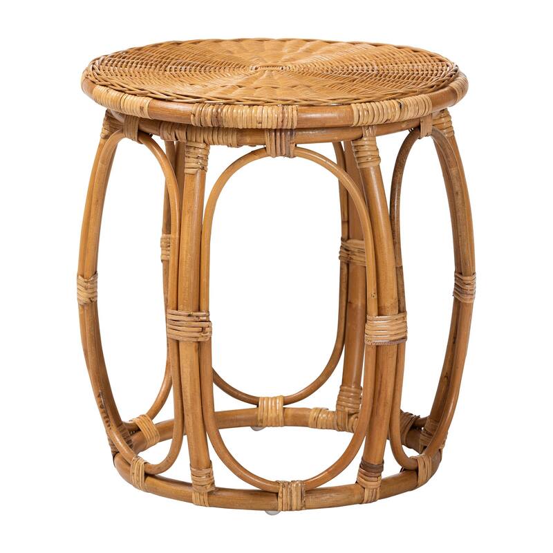Jayana Natural Rattan Round End Table - Handwoven Wicker Accent Table with Open Frame Base, Lightweight Coastal Boho Side Table