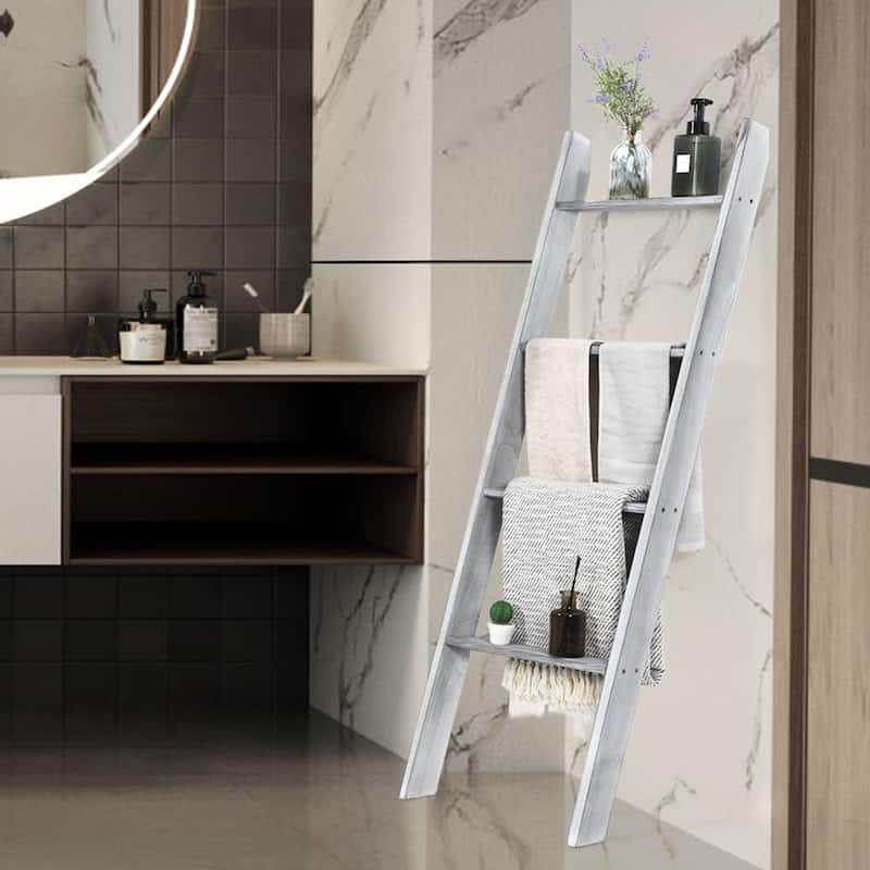 54” Leaning Wooden Blanket Ladder Rack for Storage Decorative Towel Shelf for Bedroom and Bathroom - 20" x 3" x 54" (L x W x H)