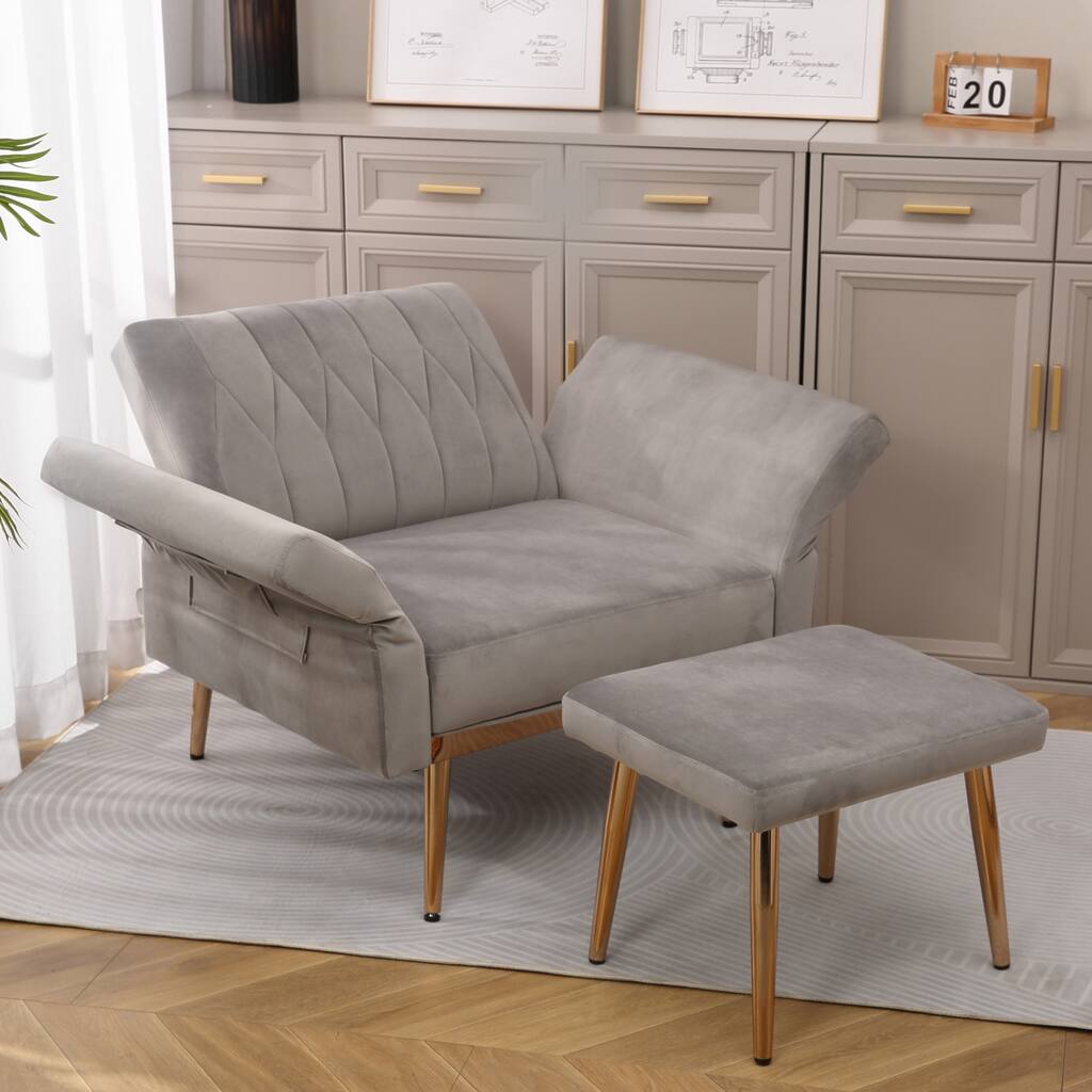 Sleepers Accent Chair w/ Ottoman Set, Upholstered Tufted Armchair w/ Adjustable Arms&Backrest, Comfy Single Sofa Chair, Gray