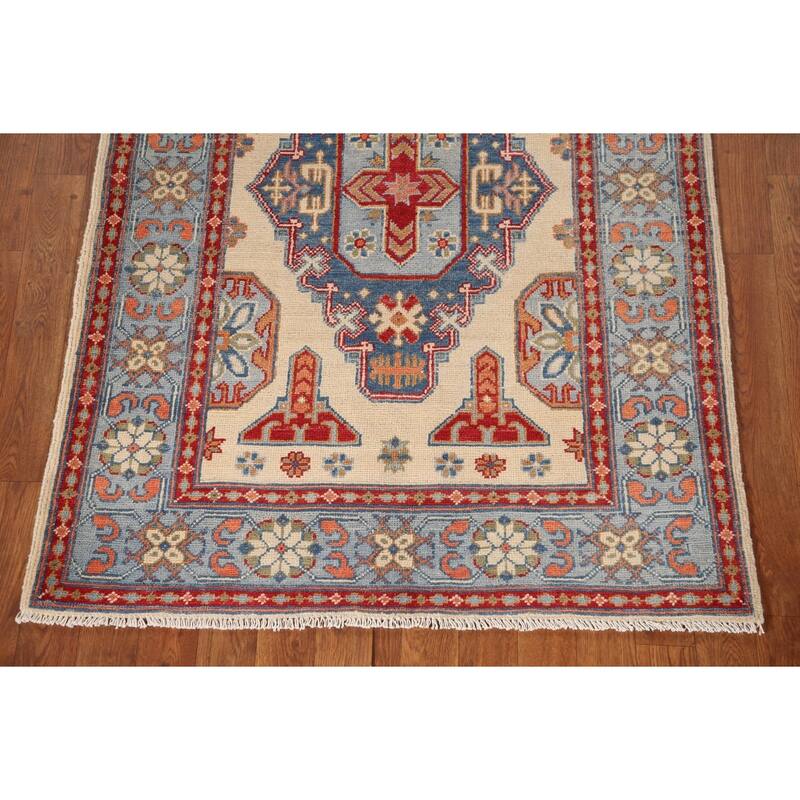 Ivory Geometric Kazak Oriental Accent Rug Handmade Wool Carpet - 3'5"x 4'11"