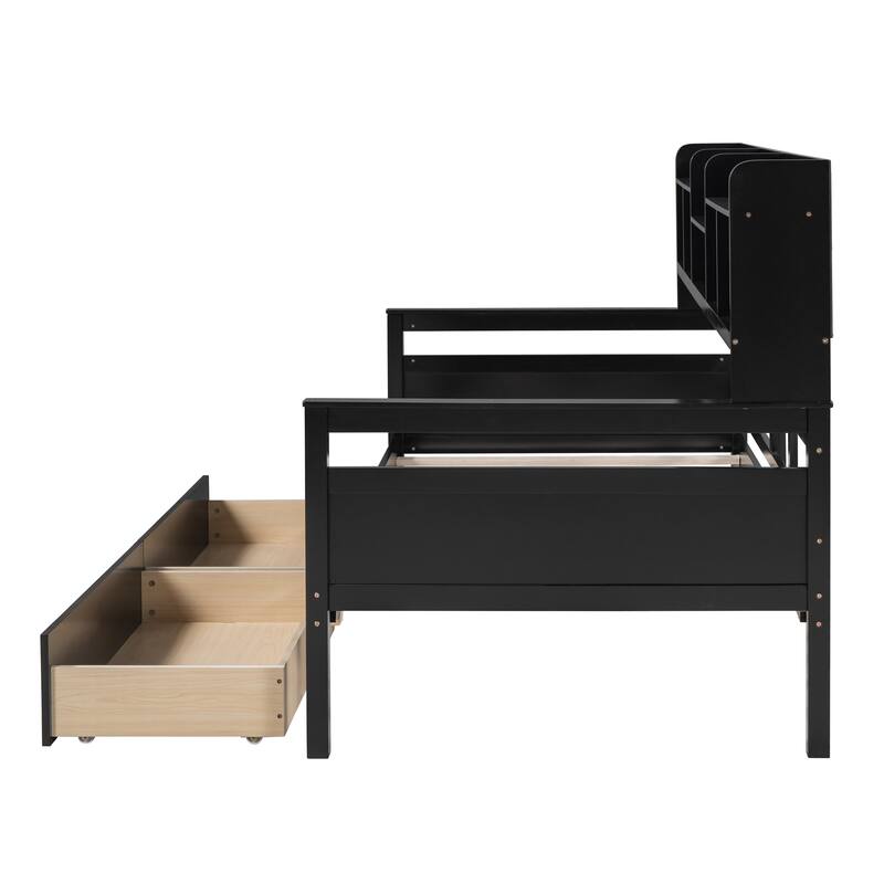 Twin Size Daybed with Wood Slat Support, Bedside Shelves, and 2 Storage Drawers
