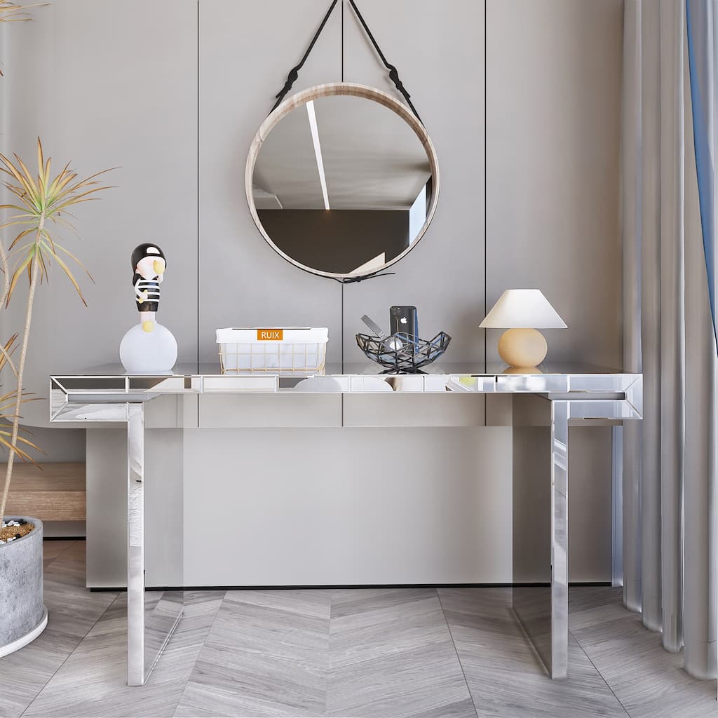 Luxury Console Table, Silver Entryway Tables with Mirror Finished, Long Accent Narrow Table, Glass Sofa Table Foyer Table