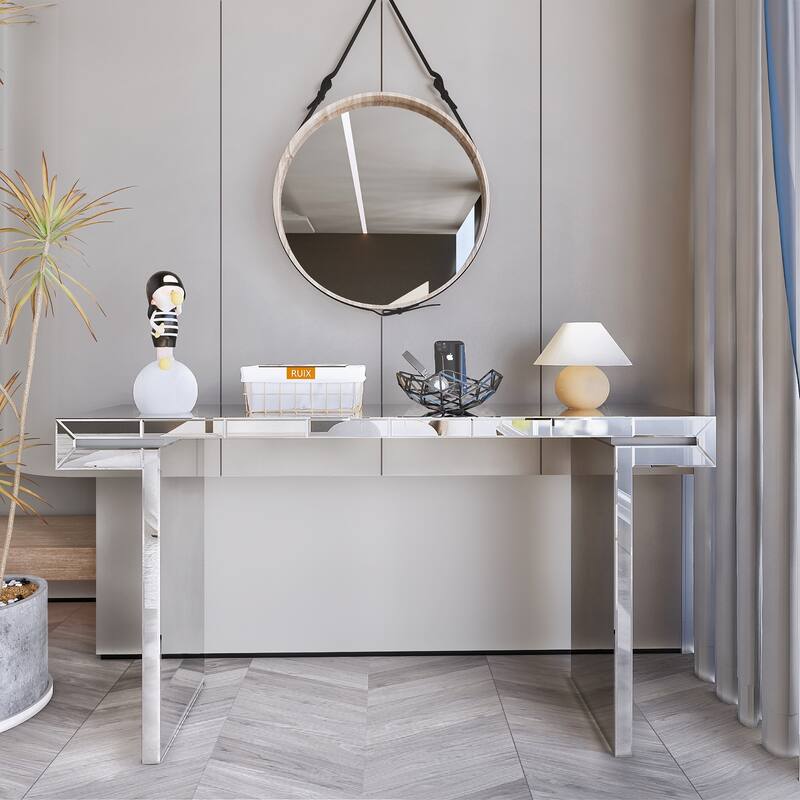 Luxury Full-Length Mirror Console Table with Fluted Glass Entryway Mirrored Sofa Table for Living Room, Foyers, Hallways - Silver