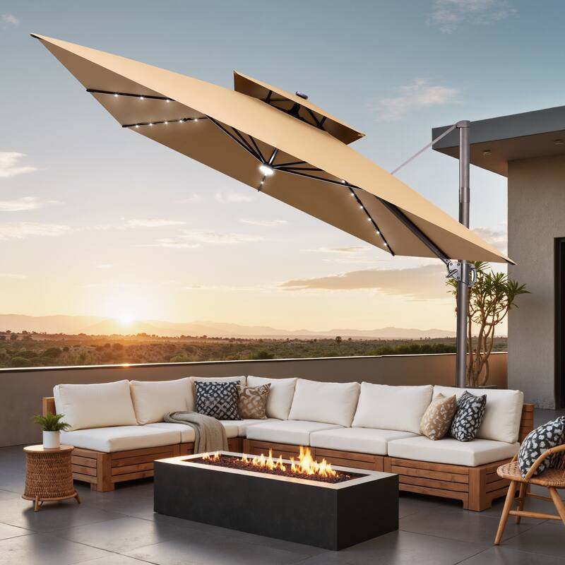 11 FT Square Outdoor Patio Cantilever Umbrella with Solar Lights Double Canopy 360 Rotation Tilt - Tan