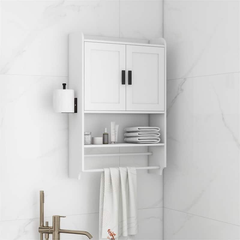 Bathroom Wall Cabinet with Doors, Shelf, Towel Bar and Paper Holder