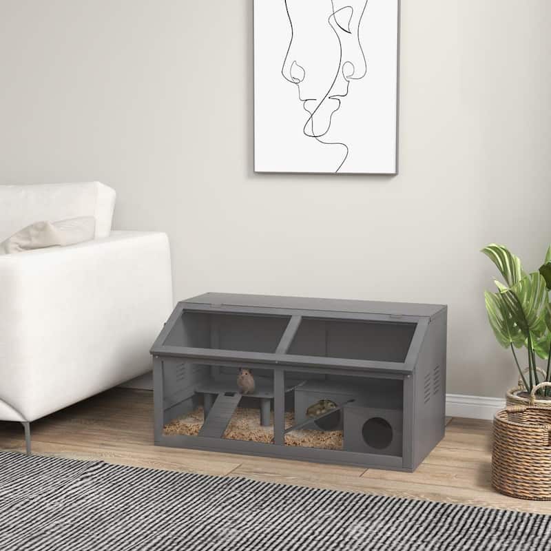 Charcoal Grey Fir Wood Hamster Cage with Hut, Ladder and Suspension Bridge - 33.5" L x 17.7" W x 17.3" H