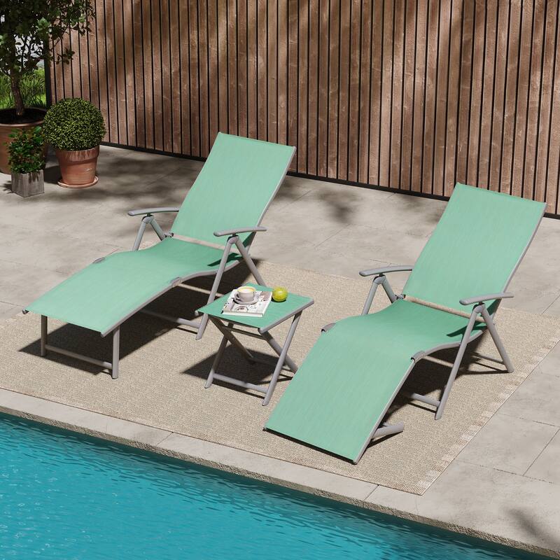 VredHom Outdoor Portable Folding Chaise Lounge Chair with Table (Set of 3) - 70" L x 20" W x 14" H
