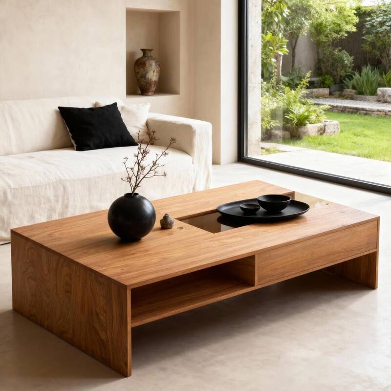 51.1" Wooden Coffee Table with LED Lights, Storage Shelves & Flip-Top - 51.1"Wx27.5"Dx15.8"H