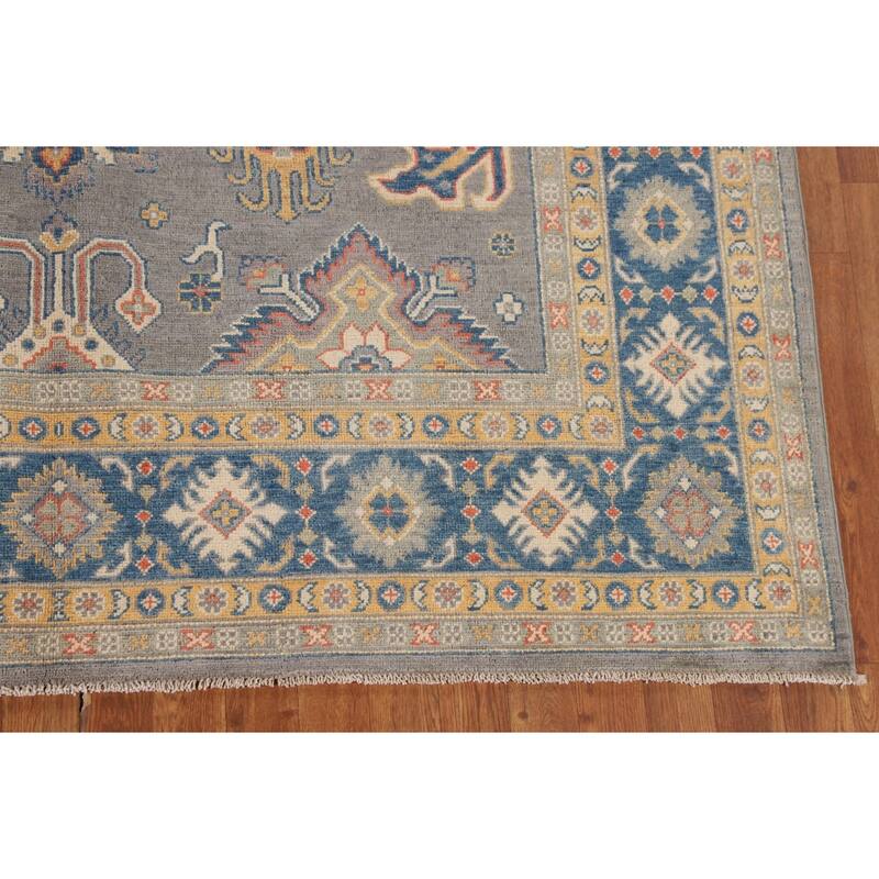 Hand Knotted Oriental 100% Wool Carpet Traditional Geometric Greys & Charcoal Kazak Area Rug - 9' 9'' X 6' 5''