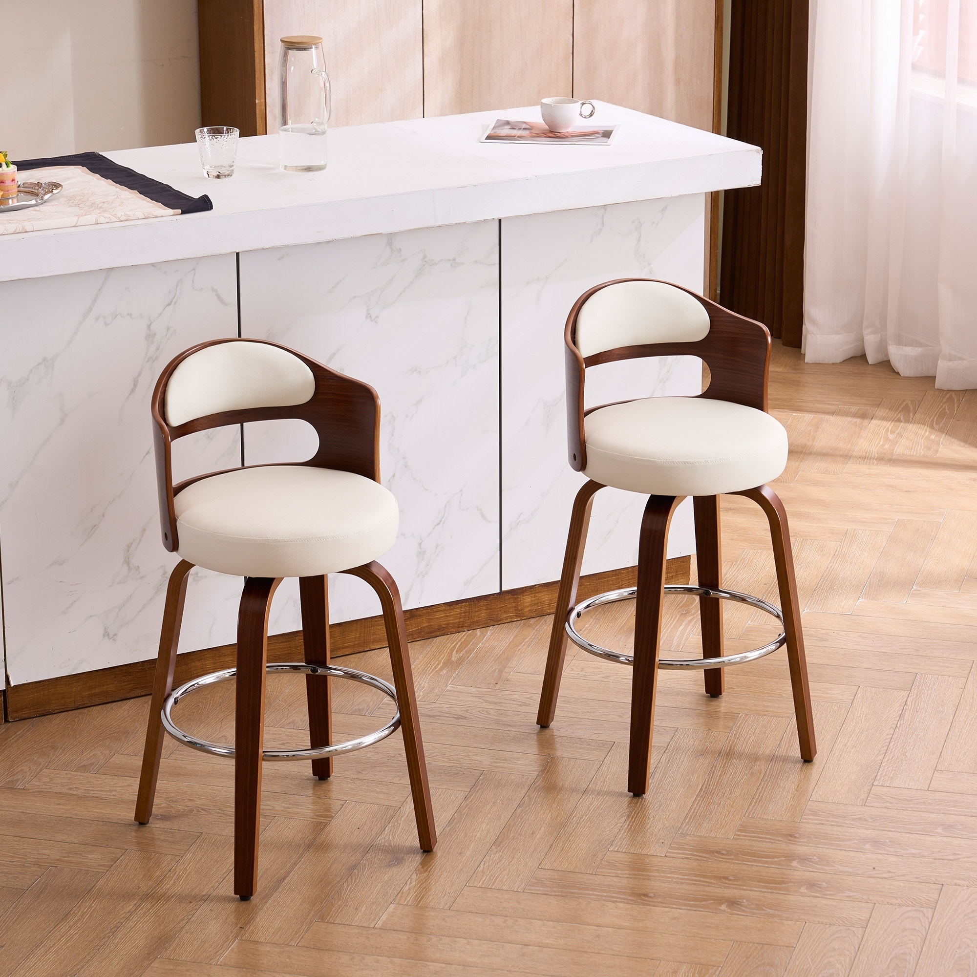 26"/30" Faux Leather Swivel Counter Bar Stools with Bentwood Legs (Set of 2)