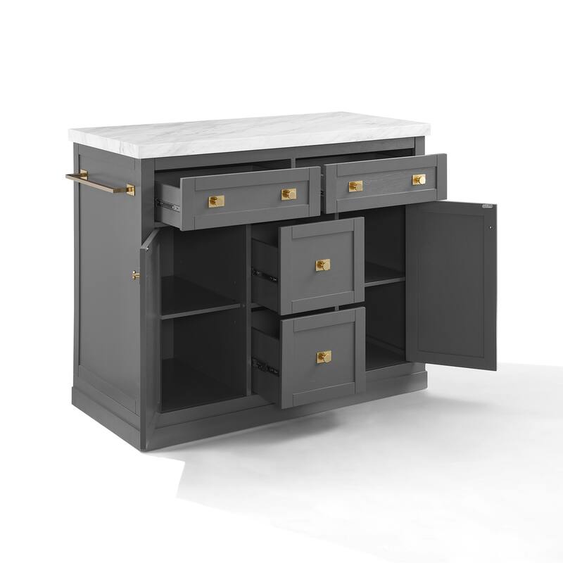 Gray Kitchen Island with White Faux Marble Countertop, Cabinets, Drawers, and Elegant Hardware for Modern Homes