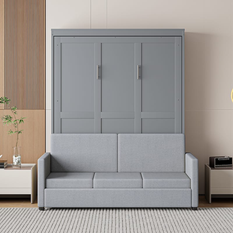 Full Size Wall Bed with Sofa, Gray, Space-Saving Design