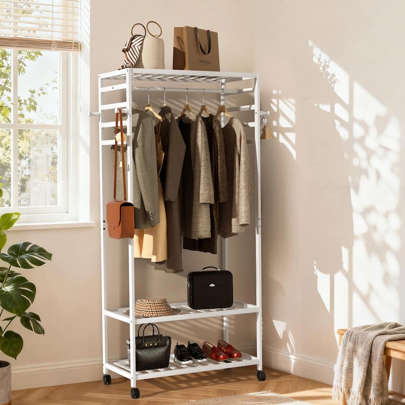 Bamboo Rolling Clothes Rack with Storage Shelves and Hanging Rod - W 30.9" x D 15.75" x H 66.34"
