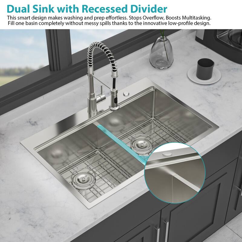 Topmount Drop in Kitchen Sink - 33"x 22" x 10" Double Bowl (60/40) Kitchen Sink 16 Gauge with Two 10" Deep Basin