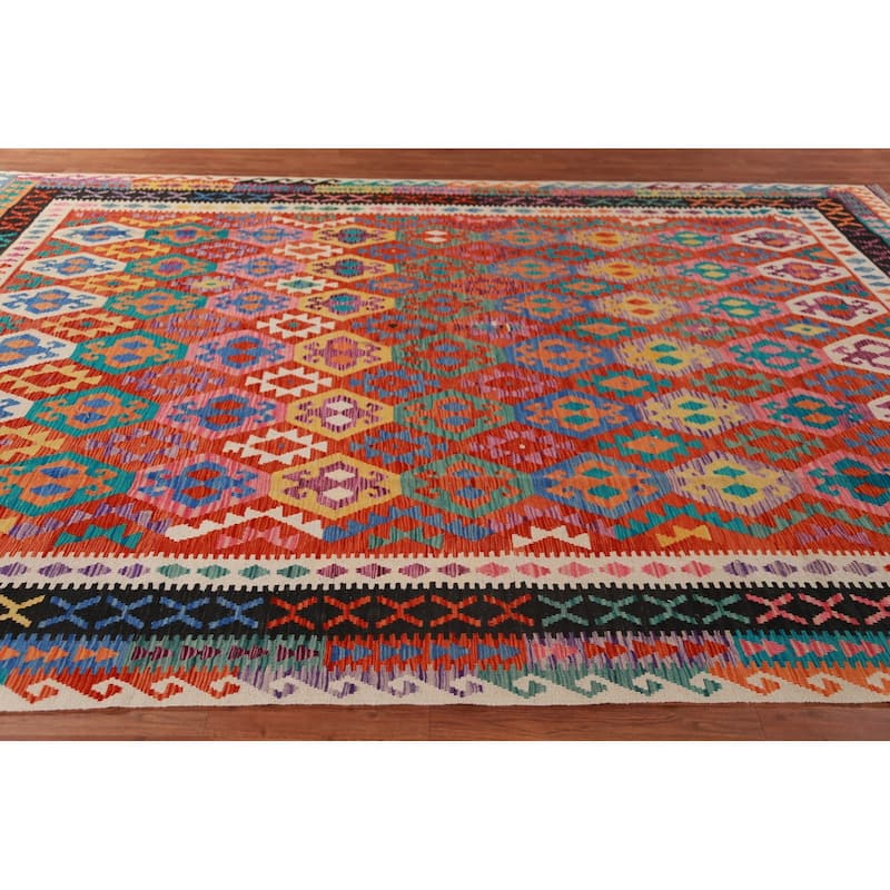 Kilim Oriental Area Rug Hand-Woven Geometric Bedroom Wool Carpet - 9'7"x 13'1"