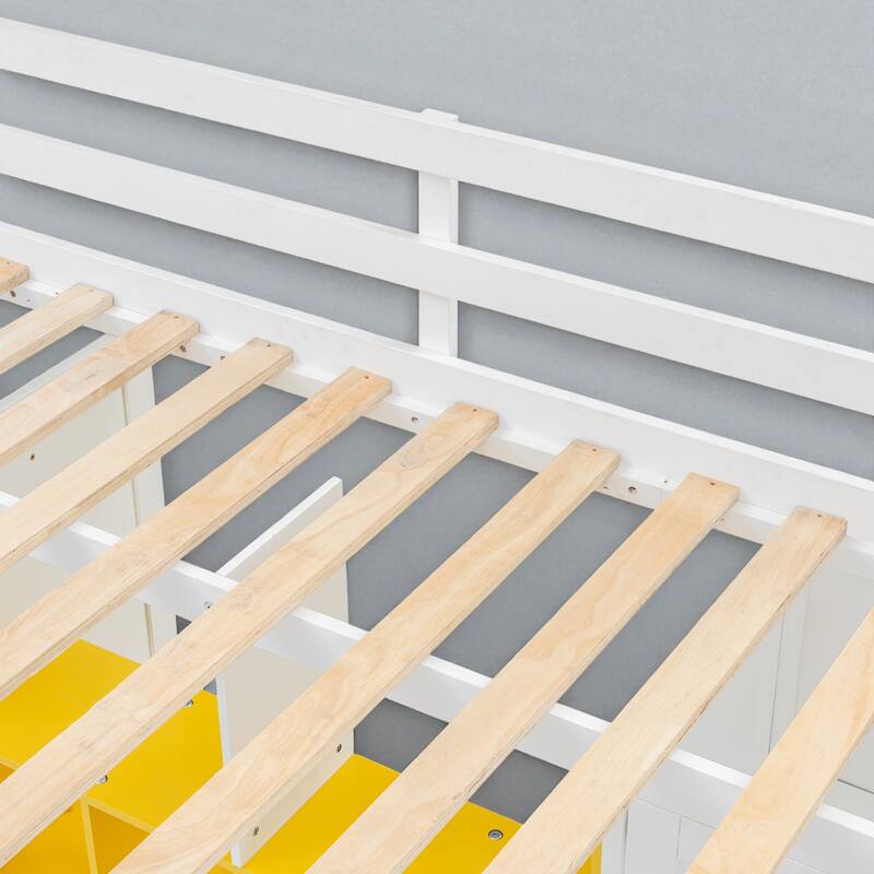 Space-Saving Twin/Full Loft Bed, Solid Wood Frame with Open Wardrobe, Colorful Shelves, Cabinet Storage & Reversible Ladder