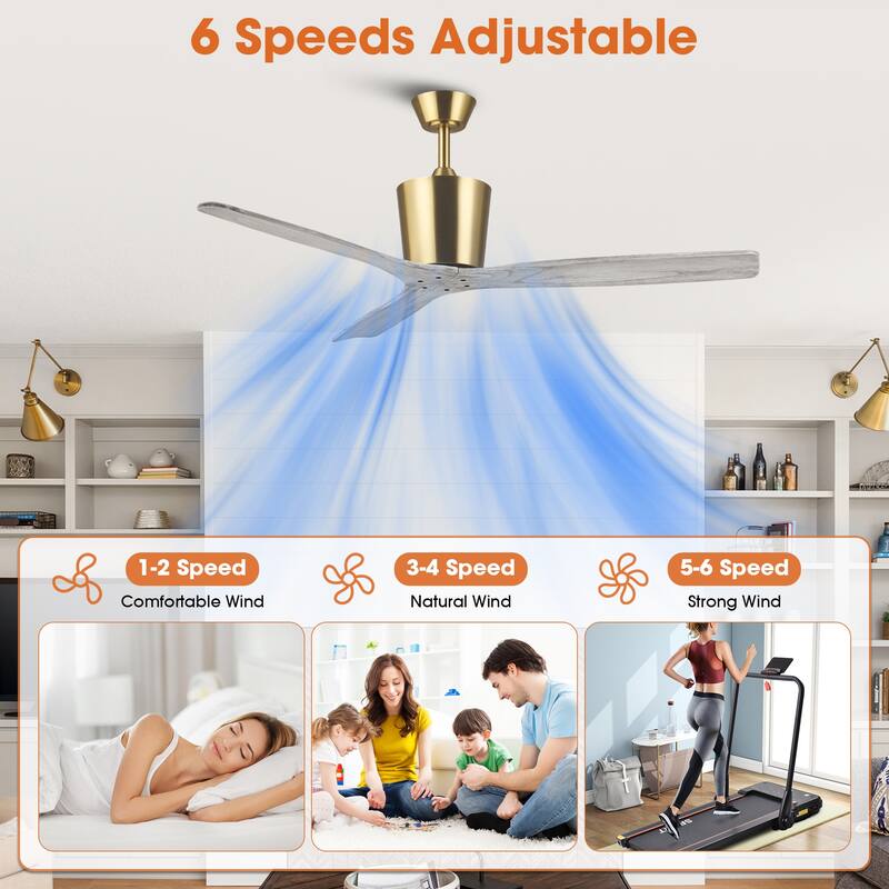 54" Modern Gold Indoor Ceiling Fan with Solid Wood Blades, 6-Speed DC Motor and Remote Control