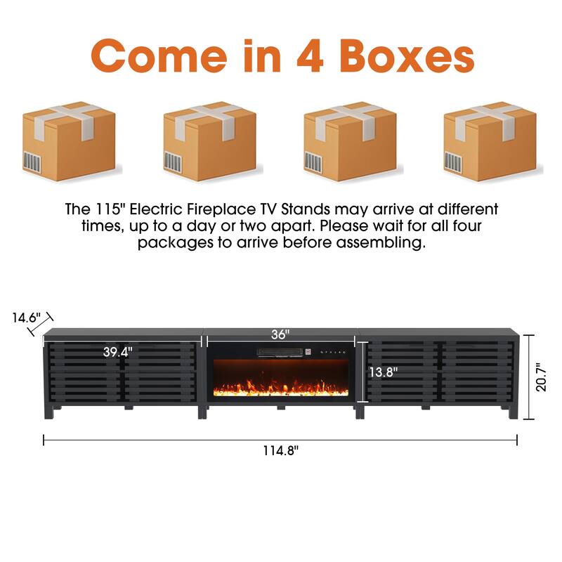 115" Mid-Century Modern Black Electric Fireplace TV Stands for TVs up to 120" with Remote