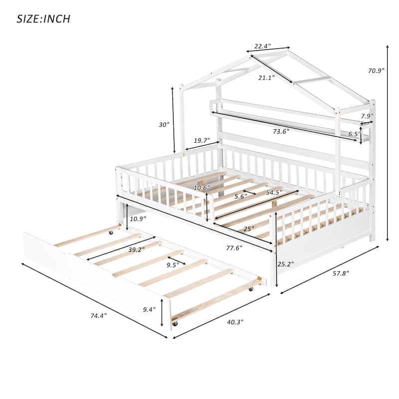 Wood Slat Support Roof House Bed Frame with Pull-out Trundle Bed, Side 2 Shelves Storage Platform Bed, Kids Panel Bed
