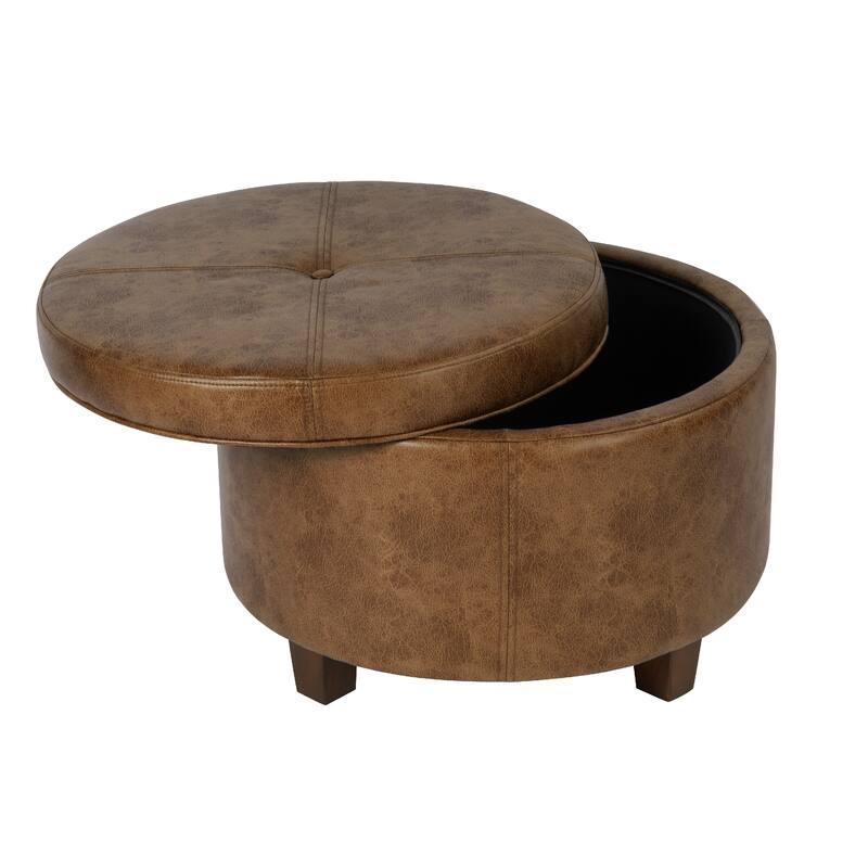 Soni Round Storage Ottoman, 24 Inch Brown Faux Leather, Wood Legs