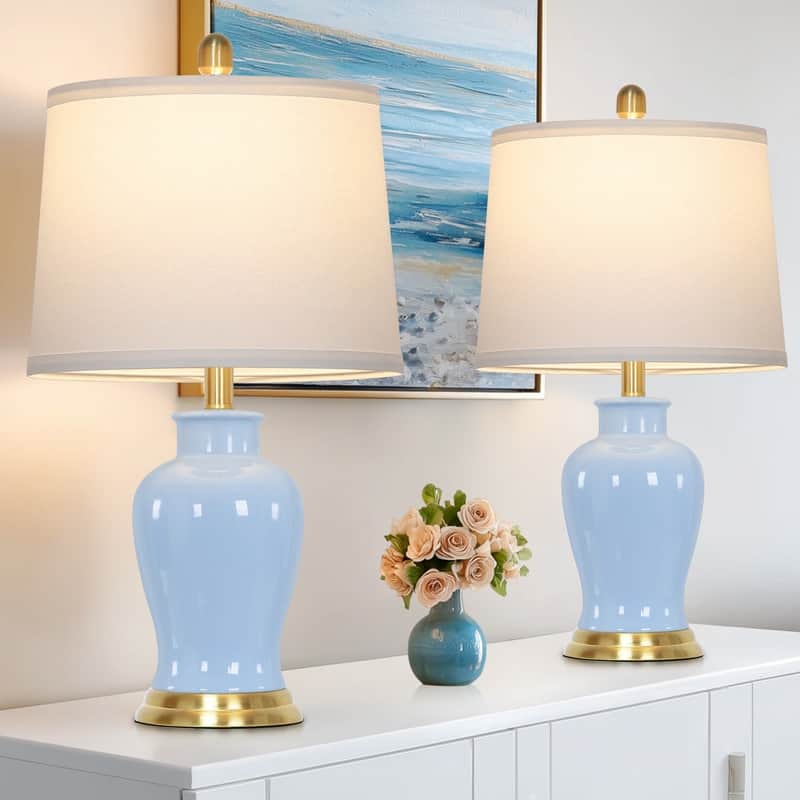23'' Set of 2 Light Blue Ceramic Table Lamps with Gold Accents and White Drum Shades - 12.5''x12.5''x23''