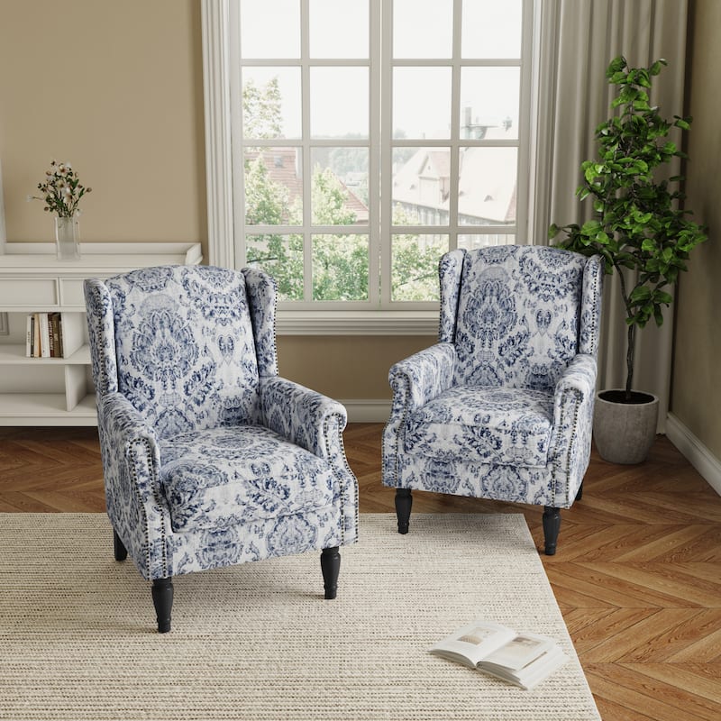 2 Set Transitional Patterned Wingback Accent Chairs with NailHead