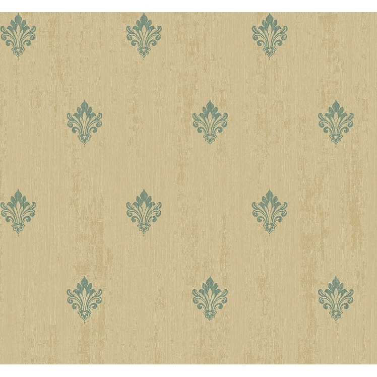 Seabrook Designs Tolkien Fleur De Lis Unpasted Wallpaper - 27 in. W x 27 ft. L - Metallic Barley & Teal