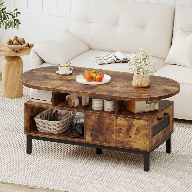 Costway 47” Oval Top Coffee Table with 4 Open Compartments & Drawer, 5 - See Details
