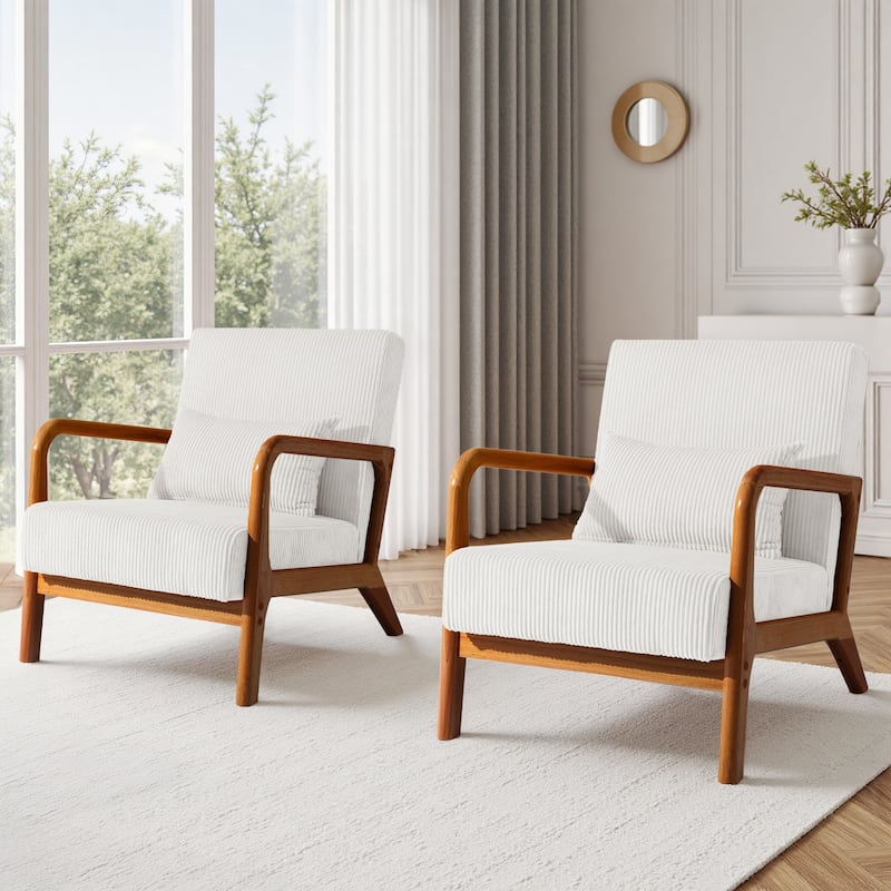 Uixe Mid Century Solid Wood Upholstered Corduroy Accent Chair - Beige-Set of 2