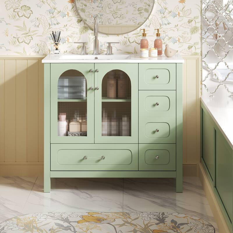 36" Bathroom Vanity with Waffle Texture Doors - 4 Drawers, 2 Soft-Closing Doors, Glass Accents, Modern Storage Cabinet