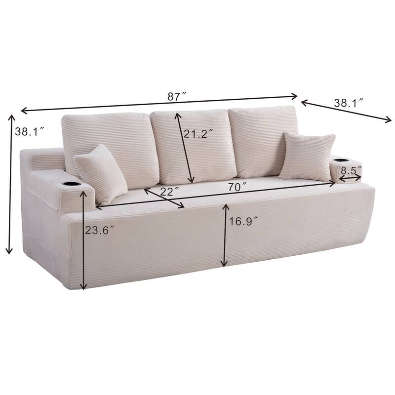 87 Inch 3 Seater Sofa Couch, Deep Seat Corduroy Living Room Sofa with Cup Holders and Side Pockets