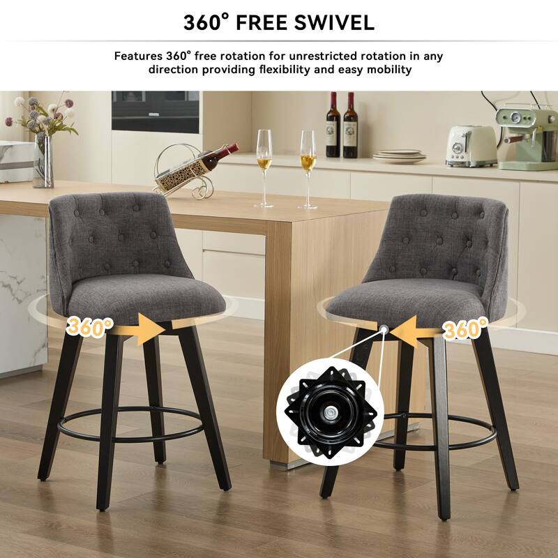 25" Swivel Bar Stools Set of 2-Modern Counter Height Stools with Linen Upholstery&Button Tufted Back, Solid Wood Frame Barstools