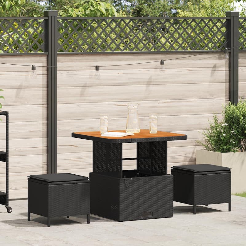vidaXL 3/4 Piece Garden Dining Set with Cushions Black Poly Rattan Acacia - Black 31.5 x 31.5 x 28