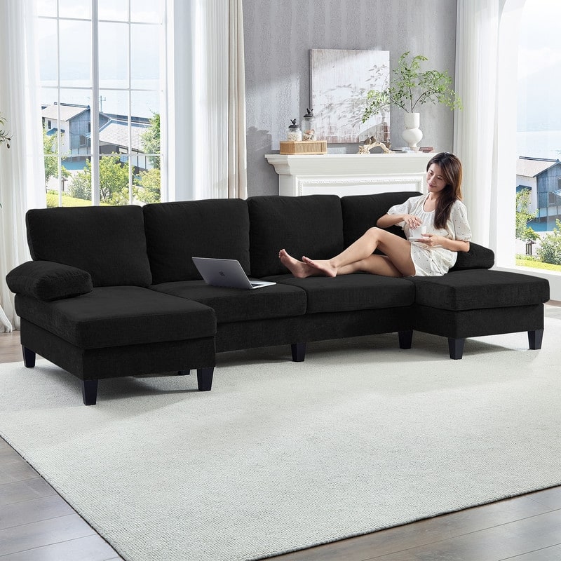 Mixoy 110"U-Shaped Sectional Couches,Chenille Fabric Upholstered Large 4-Seater Sofa with Double Chaises and Sleepable Armrest