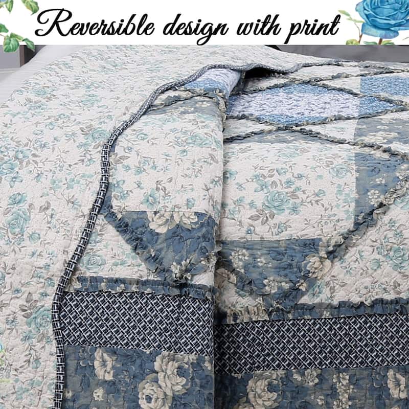 Cozy Line Monique Toile Blue Floral Patchwork 3-piece Reversible Cotton Quilt Bedding Set