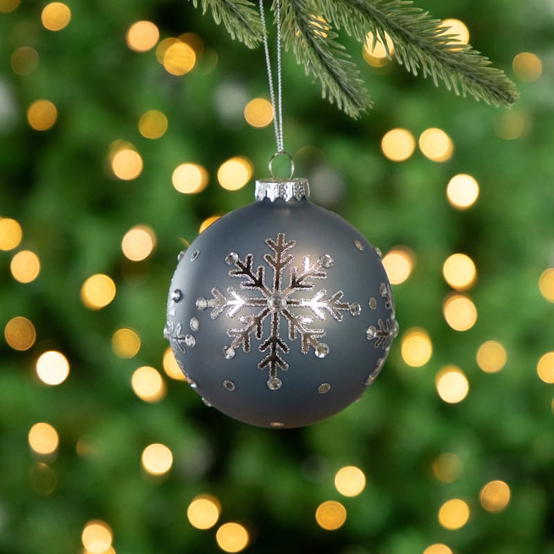 Set of 2 Slate Blue Jeweled Snowflake Glass Christmas Ball Ornaments - 4"