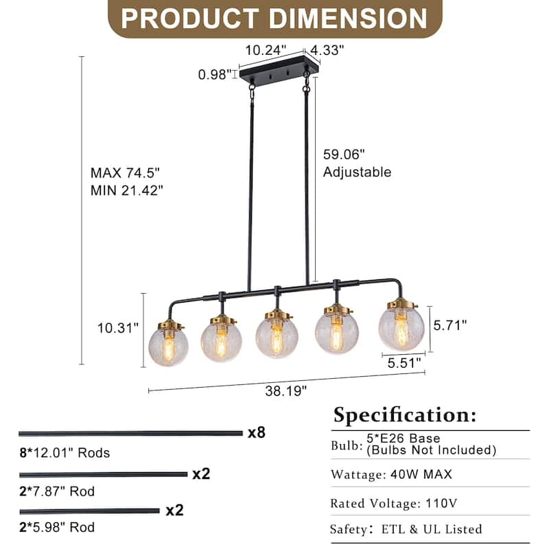 5-Light Crackled Glass Globe Linear Island Pendant Light Modern - Dia.38.19-in
