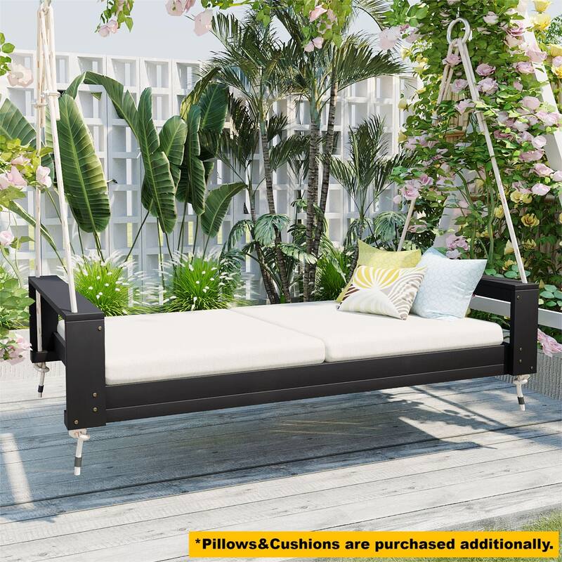 Twin Size Porch Swing Bed Seating Group, Patio Acacia Wood Swing Frame with Hemp Ropes for Garden, Backyard
