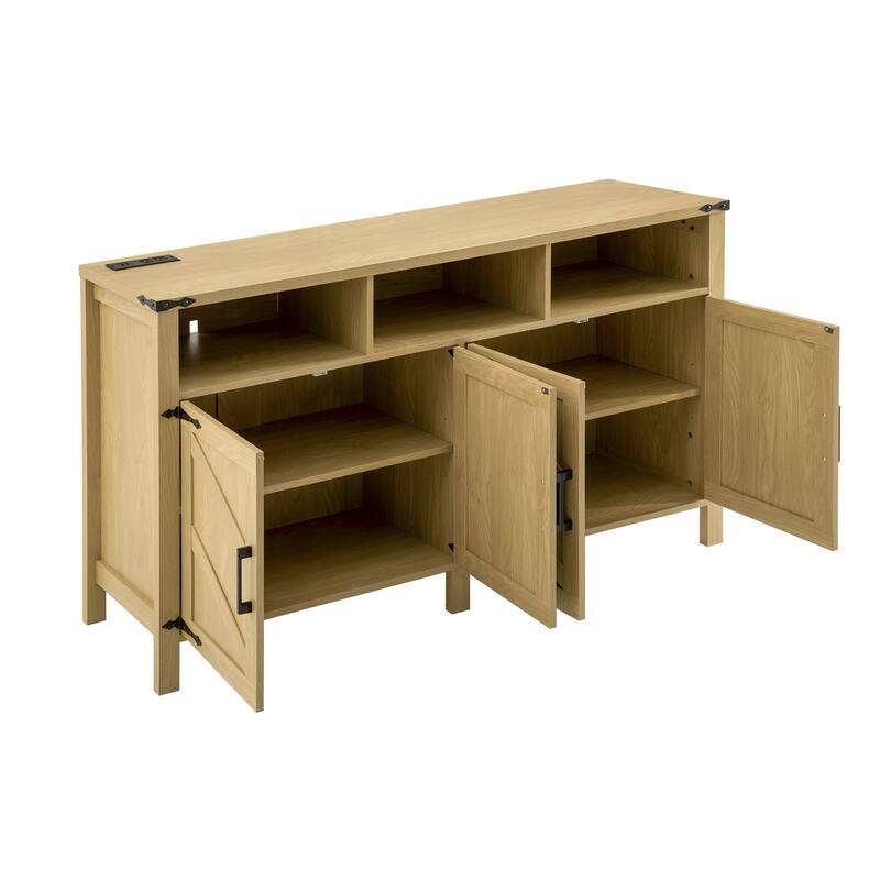 Sideboard Buffet with Power Outlets and USB Ports, 4 Door Sideboard with Adjustable Shelves and 3 Open Storage Cubbies