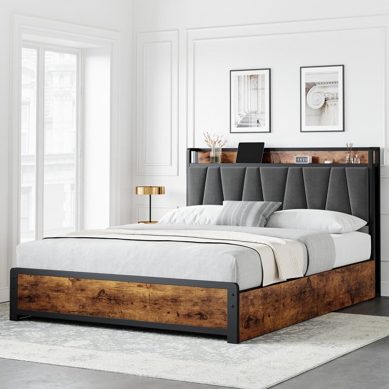 Bed Frame with Sturdy Metal Slats Support - Black01 - Queen