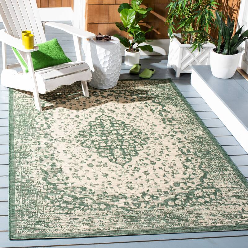 SAFAVIEH Courtyard Hanneke Indoor/ Outdoor Waterproof Patio Backyard Rug - 8' x 10' - Beige/Dark Green