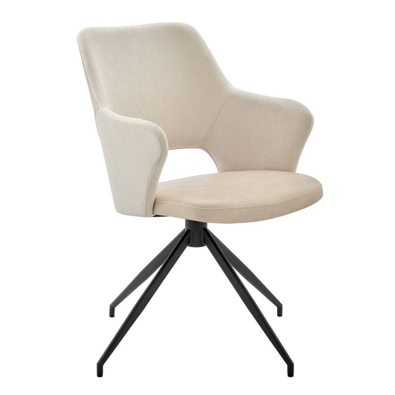 HomeRoots Beige and Black Upholstered Fabric And Faux Leather Open Back Dining Arm Chair - 20.87' X '33.27' X '24.81