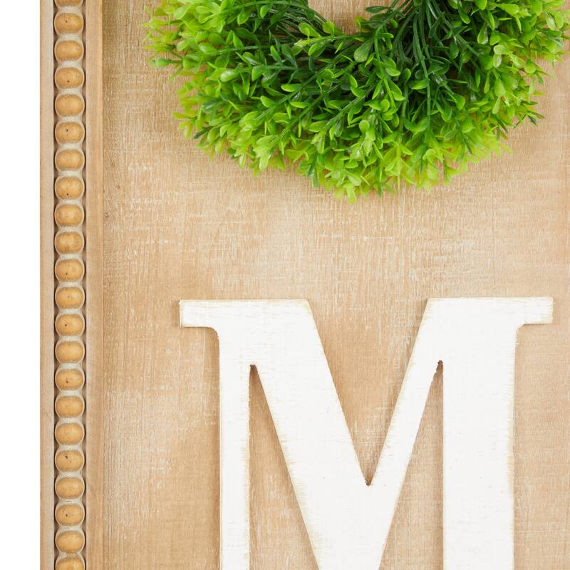 Light Brown Wood Handmade White Lettered HOME Sign Decorative Sign with Beaded Frame and Green Wreath